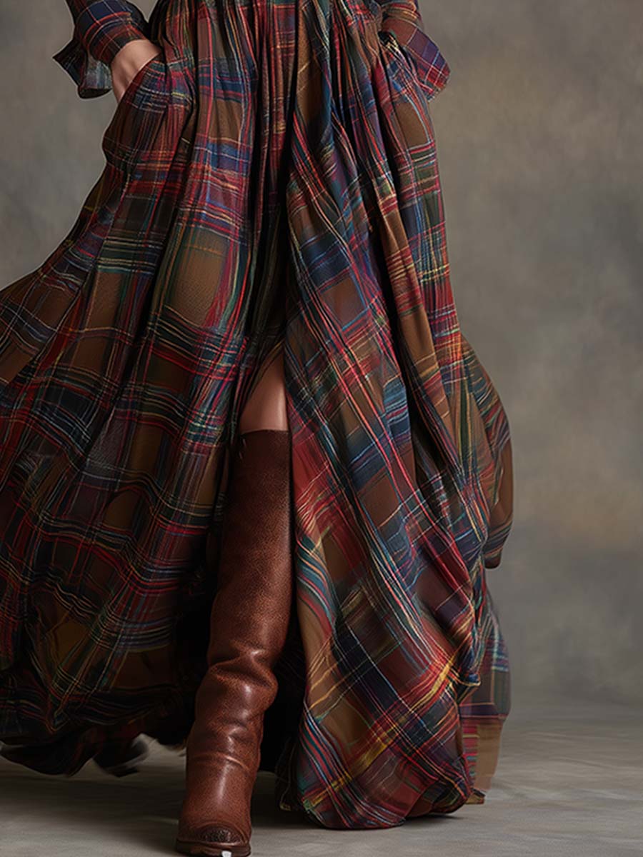Flared Plaid Belted Long Sleeve Maxi Shirt Dress Red Plaid 2