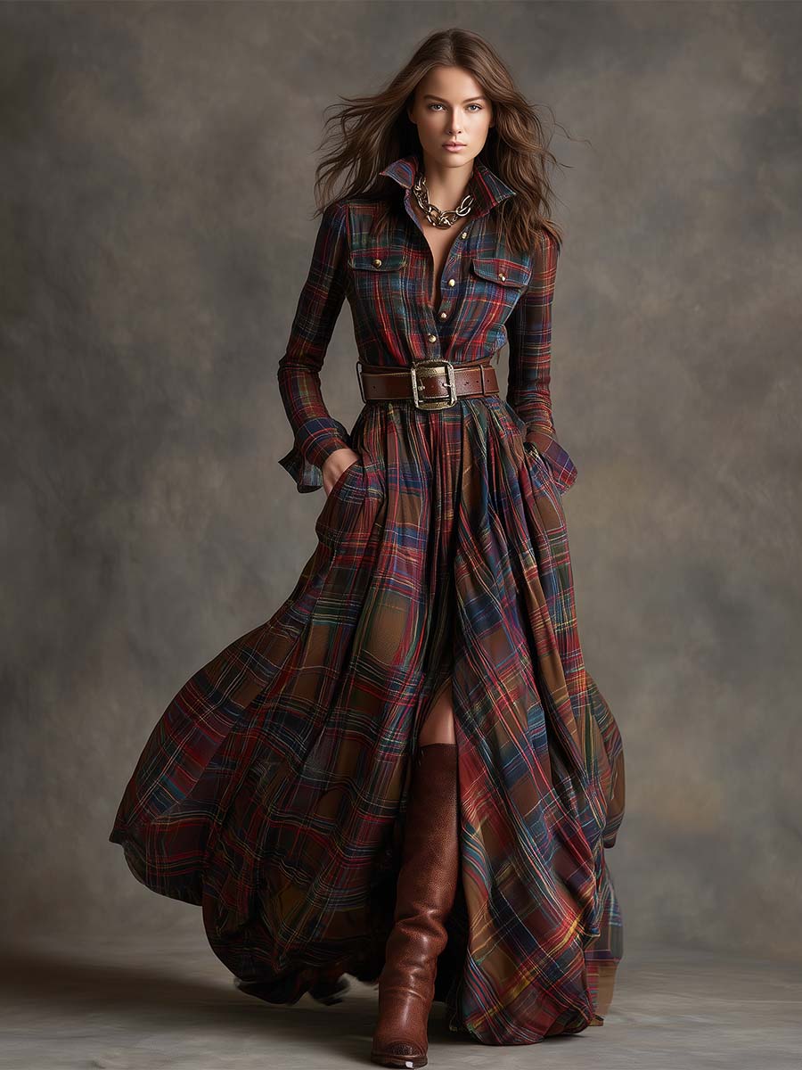 Flared Plaid Belted Long Sleeve Maxi Shirt Dress Red Plaid 3