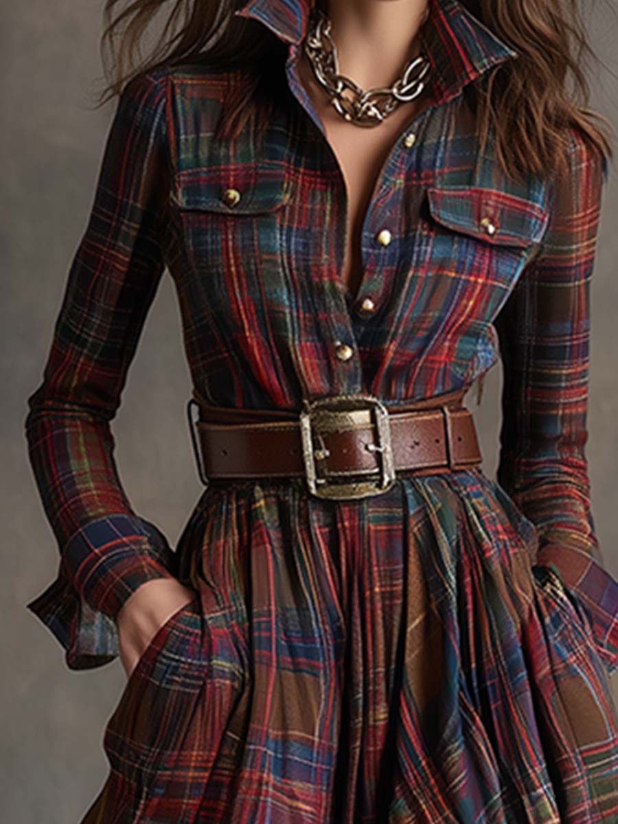 Flared Plaid Belted Long Sleeve Maxi Shirt Dress Red Plaid 4