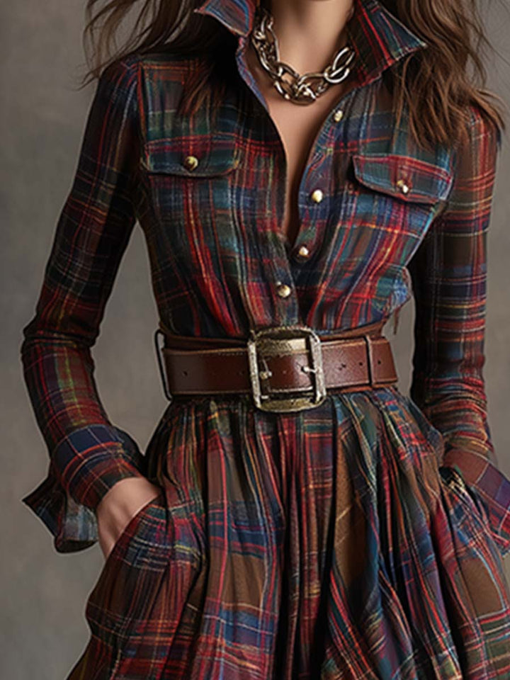 Flared Plaid Belted Long Sleeve Maxi Shirt Dress Red Plaid 4