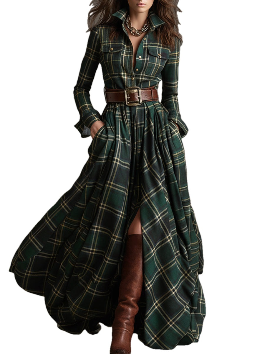 Flared Plaid Belted Long Sleeve Maxi Shirt Dress on white