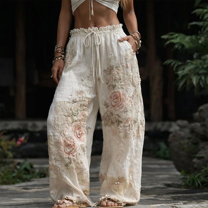 Floral Embroidered Wide Leg Drawstring Pants Beige 1