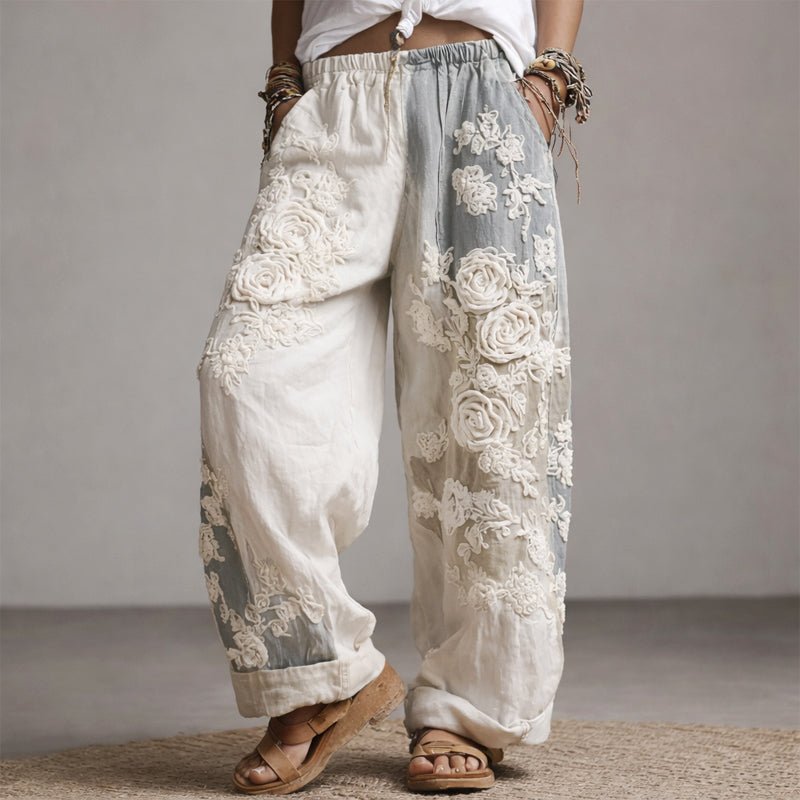 Floral Embroidered Wide Leg Drawstring Pants Gray 1