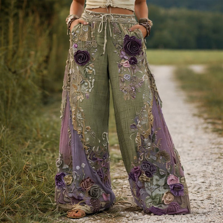 Floral Embroidered Wide Leg Drawstring Pants Green 1