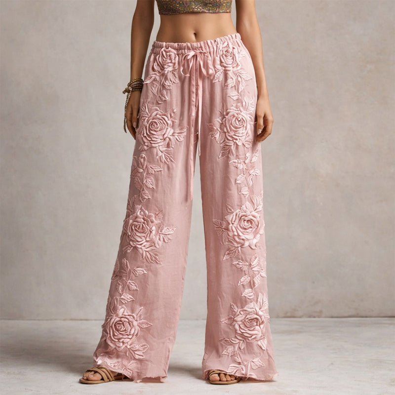 Floral Embroidered Wide Leg Drawstring Pants Pink 1