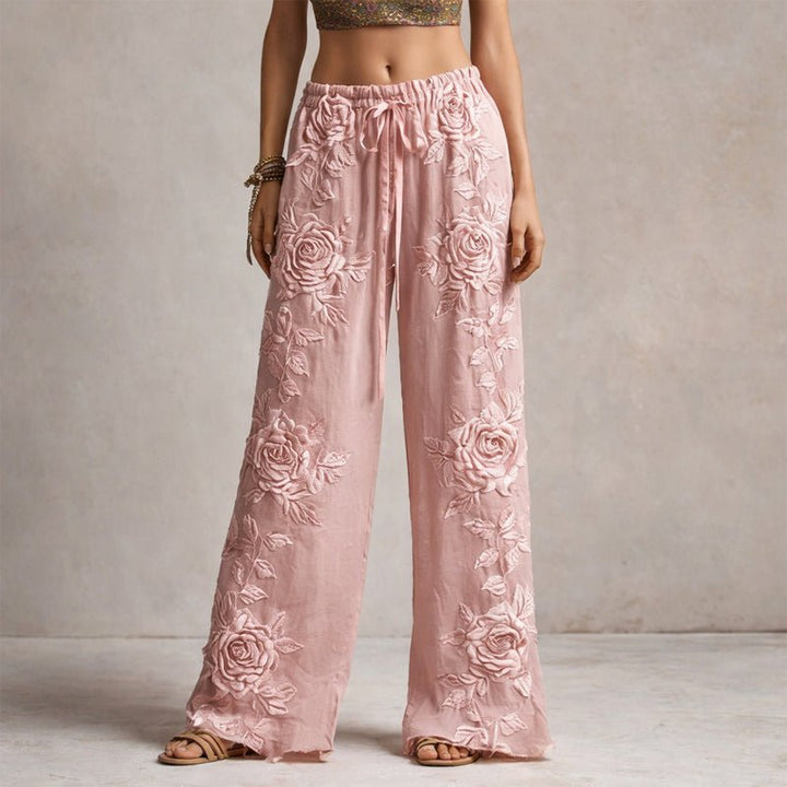 Floral Embroidered Wide Leg Drawstring Pants Pink 1