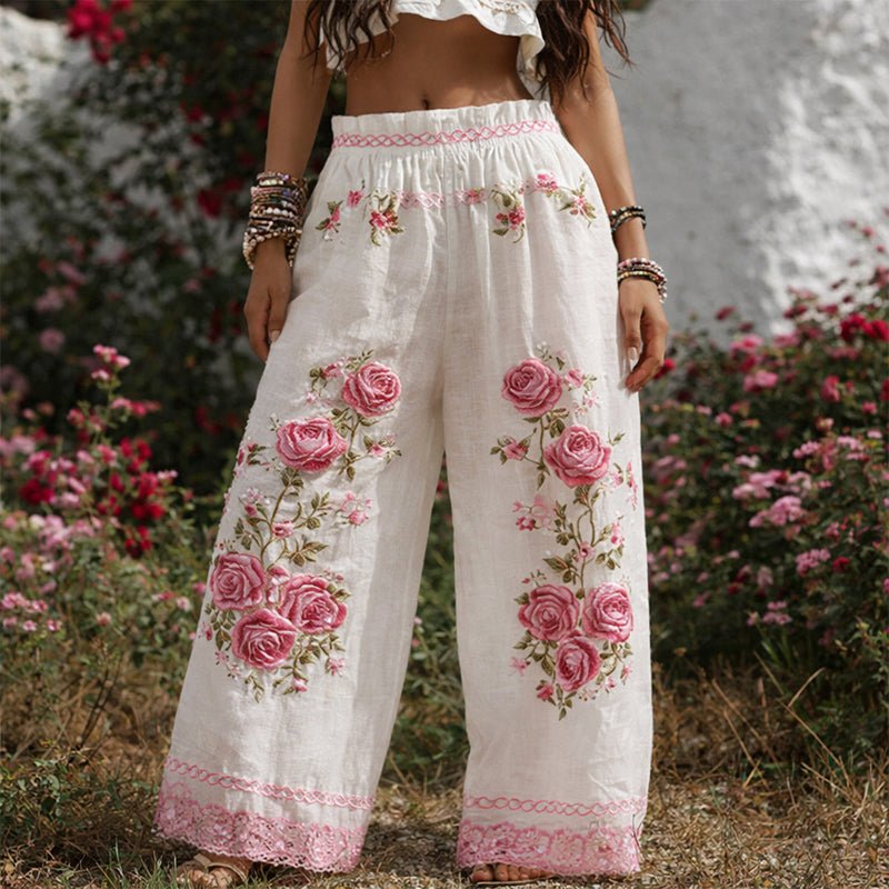 Floral Embroidered Wide Leg Drawstring Pants White Floral 1