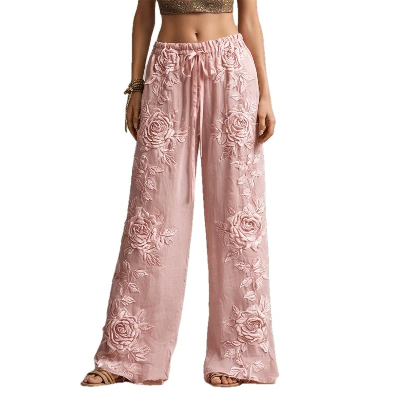 Floral Embroidered Wide Leg Drawstring Pants on white