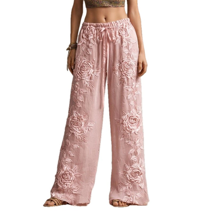 Floral Embroidered Wide Leg Drawstring Pants on white