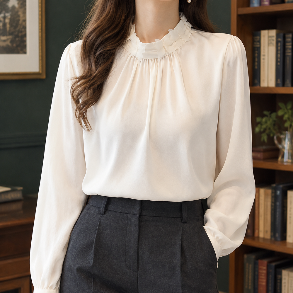 Fluid Ruffle Stand Collar Blouse Ivory 1