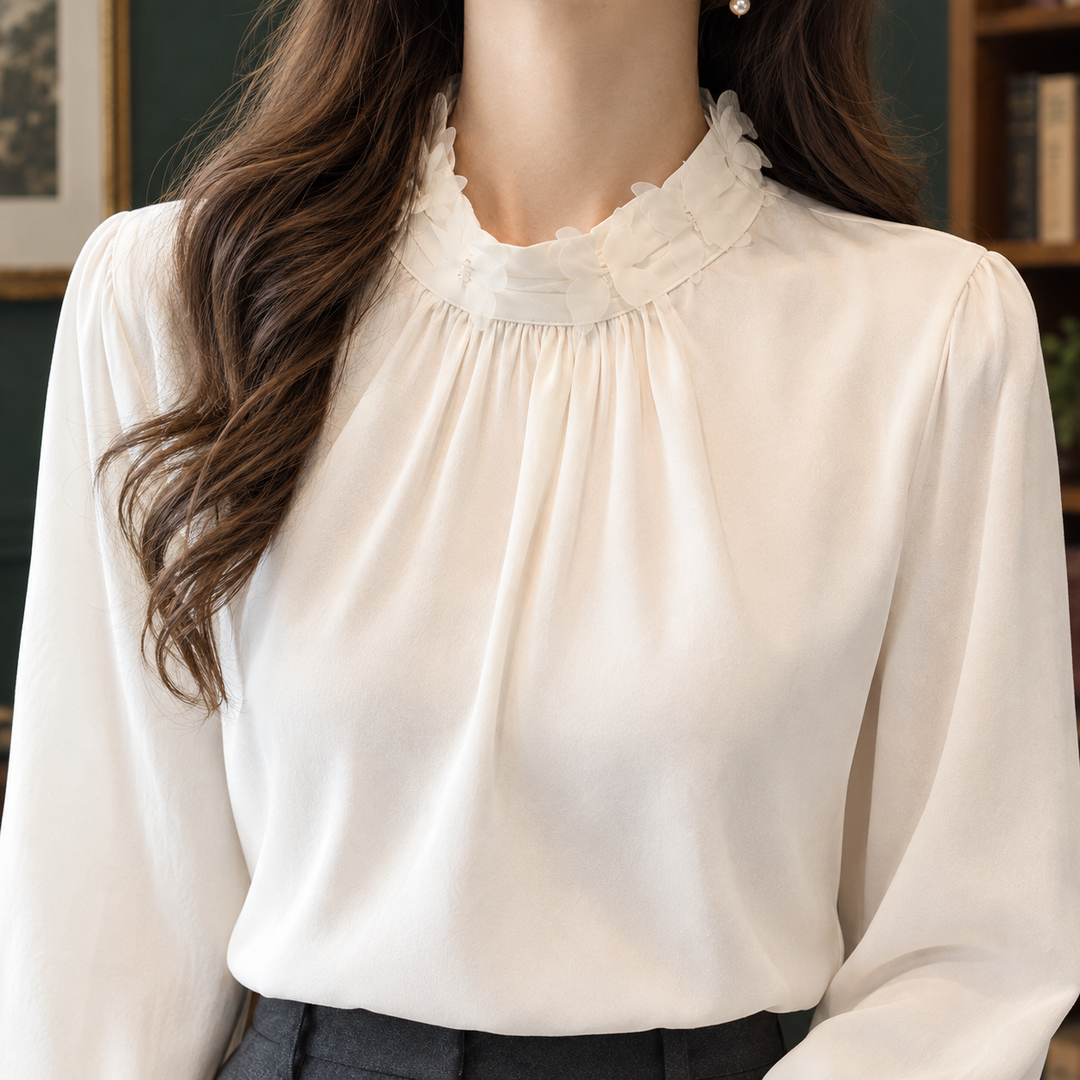 Fluid Ruffle Stand Collar Blouse Ivory 2