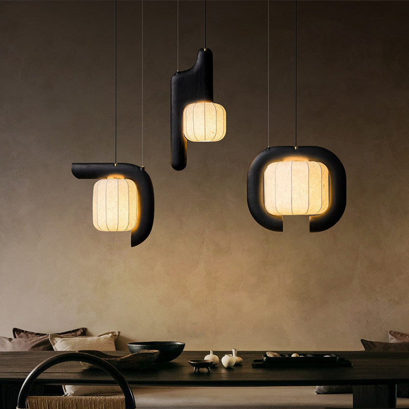 Fluted Paper Pendant Light Curved Black Arm 11 x 24 in Set of 3 2