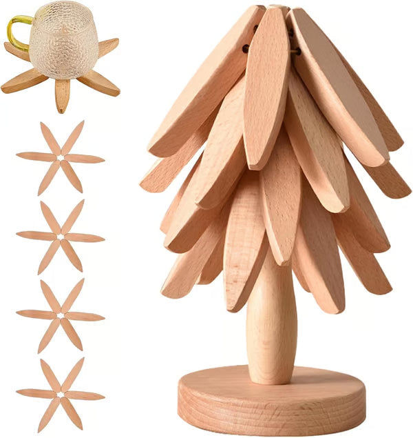 Folding Wooden Trivet Set with Tree Stand 8 Inch Beech 1