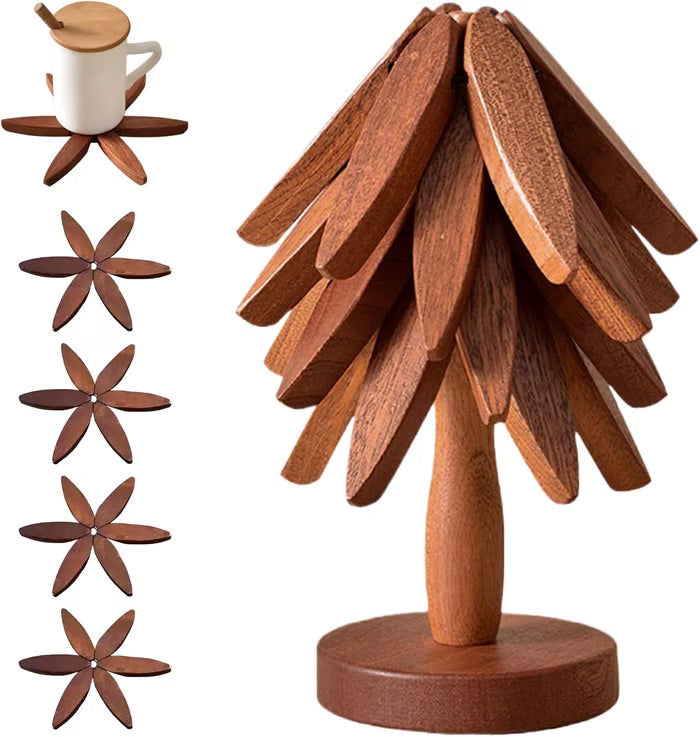 Folding Wooden Trivet Set with Tree Stand 8 Inch Walnut 1