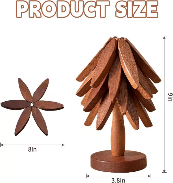 Folding Wooden Trivet Set with Tree Stand 8 Inch Walnut 2