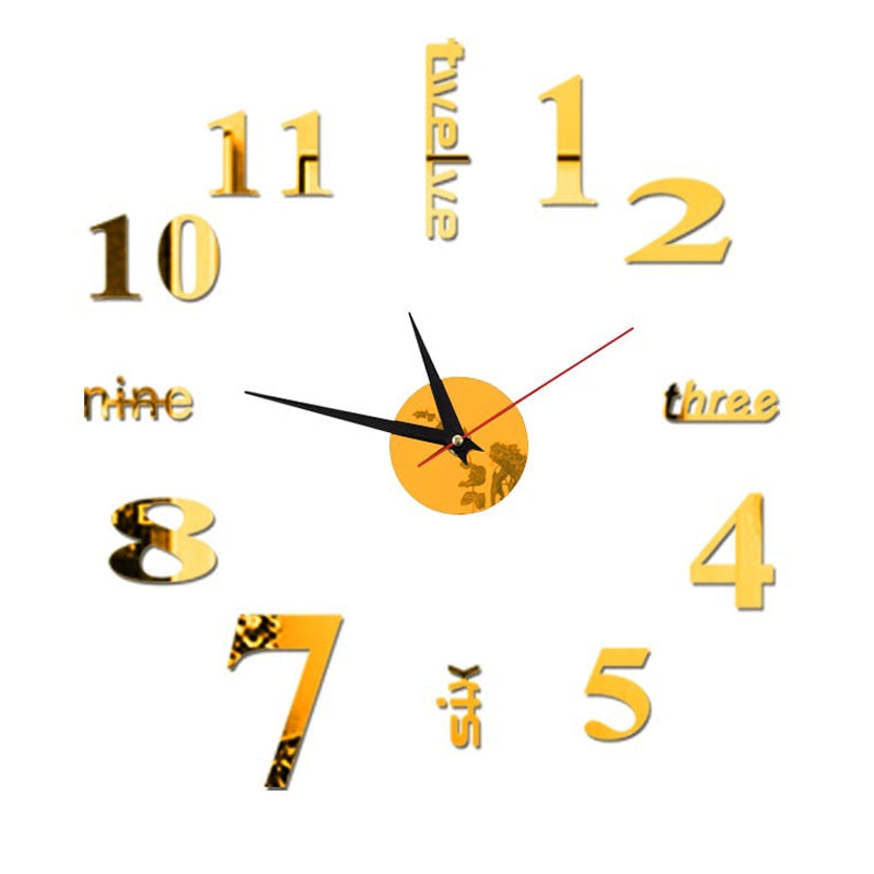 Frameless DIY Wall Clock Acrylic Numbers Silent Movement Gold 1
