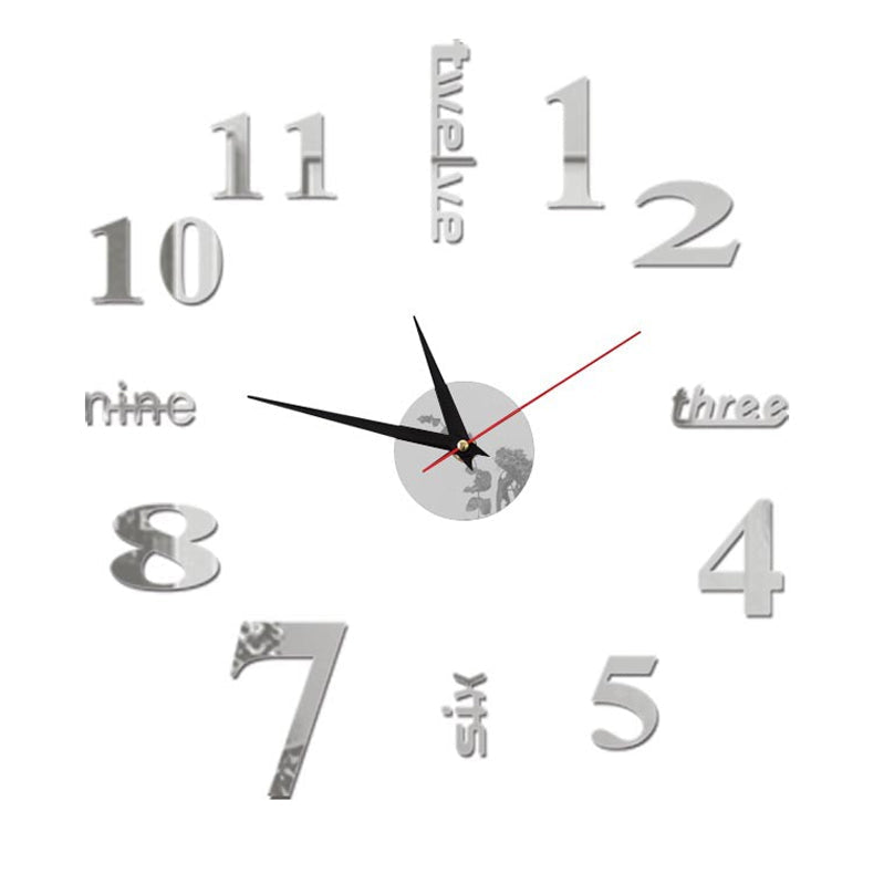 Frameless DIY Wall Clock Acrylic Numbers Silent Movement Silver 1