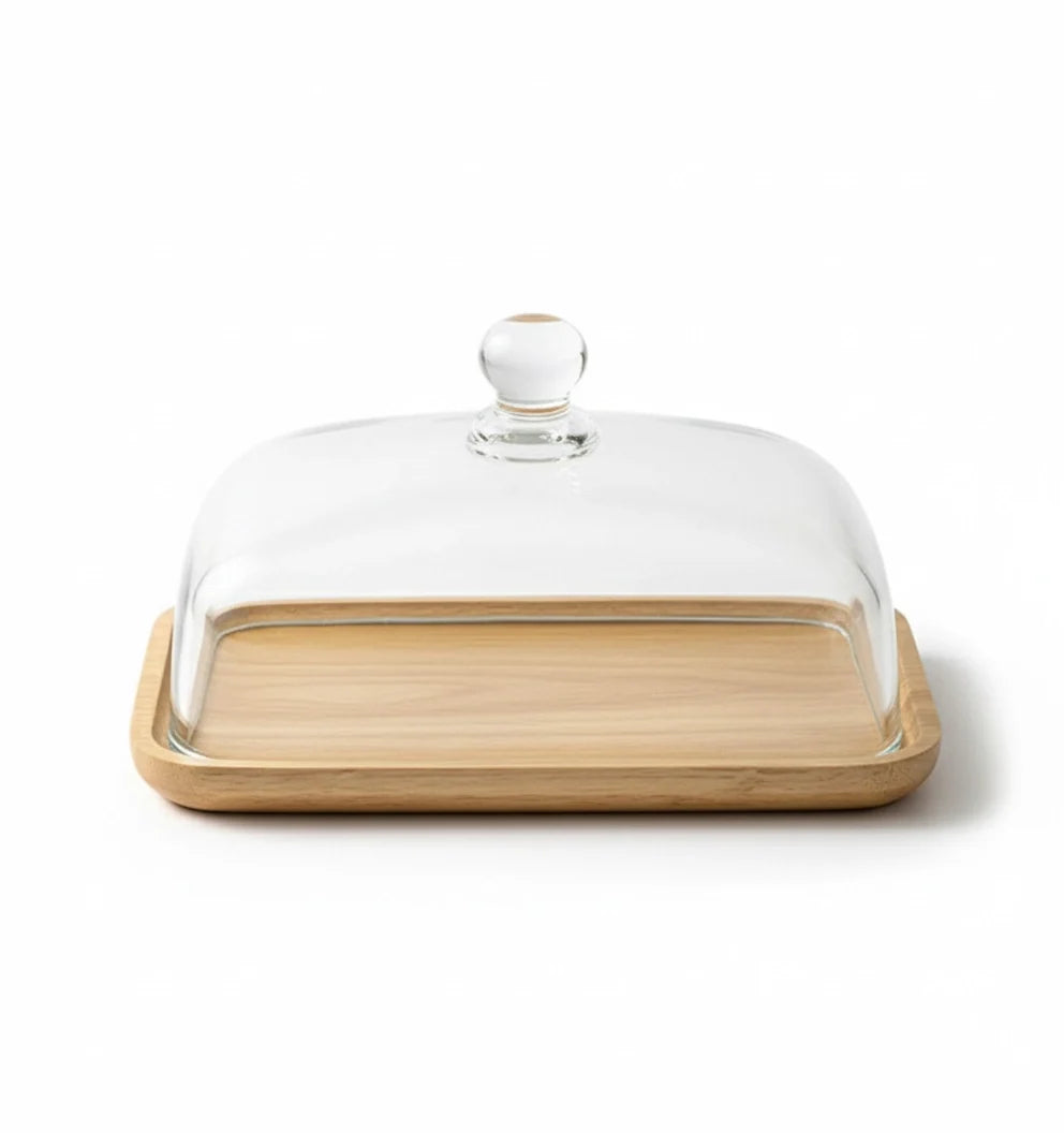 Glass Dome Butter Dish with Bamboo Base 6.7 x 4.3 Inches 1