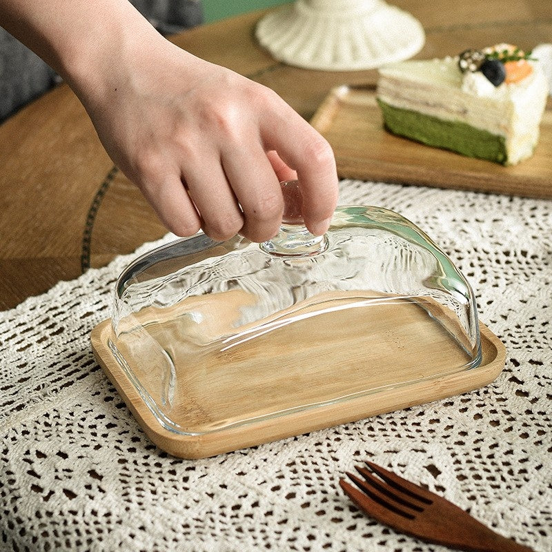 Glass Dome Butter Dish with Bamboo Base 6.7 x 4.3 Inches 3
