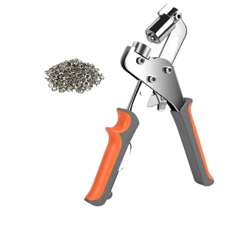 Grommet Hole Punch Pliers with 100 Grommets on white