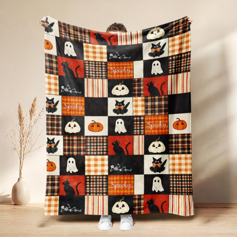 Halloween Patchwork Throw Blanket Flannel Cat 1