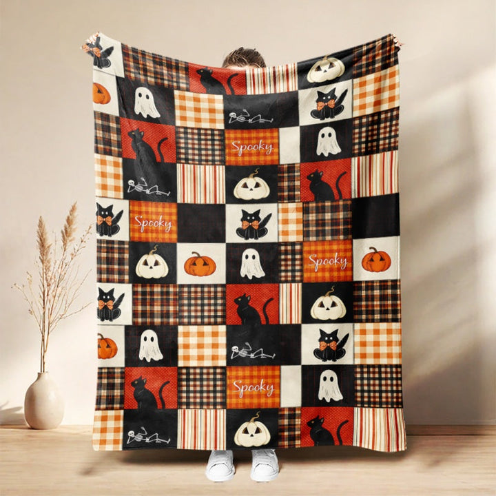 Halloween Patchwork Throw Blanket Flannel Cat 1