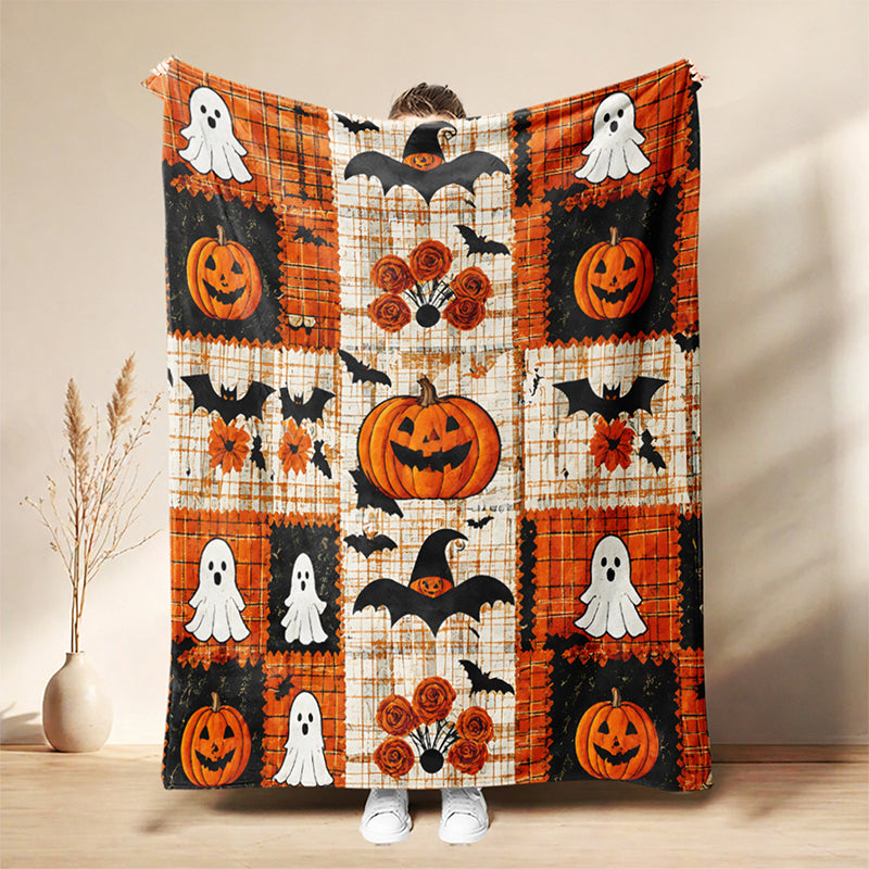 Halloween Patchwork Throw Blanket Flannel Pumpkin 1