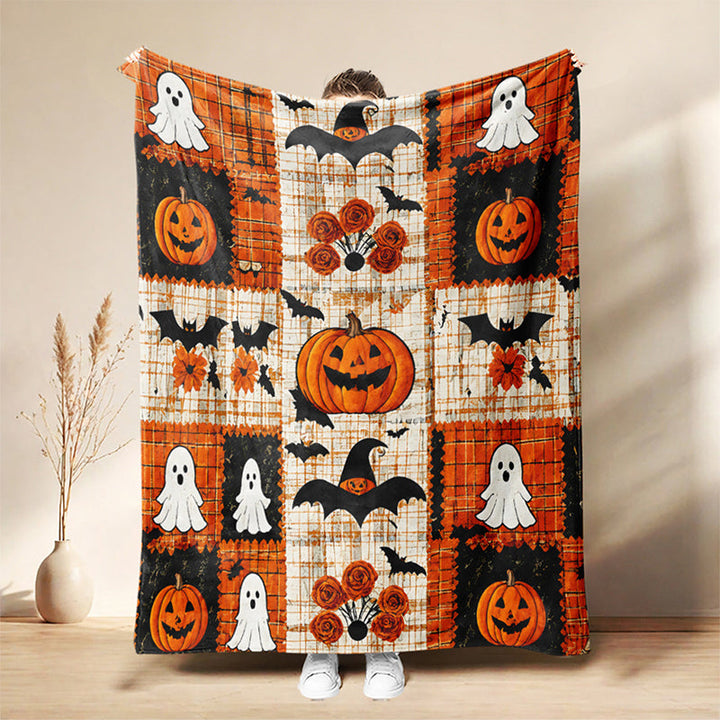 Halloween Patchwork Throw Blanket Flannel Pumpkin 1
