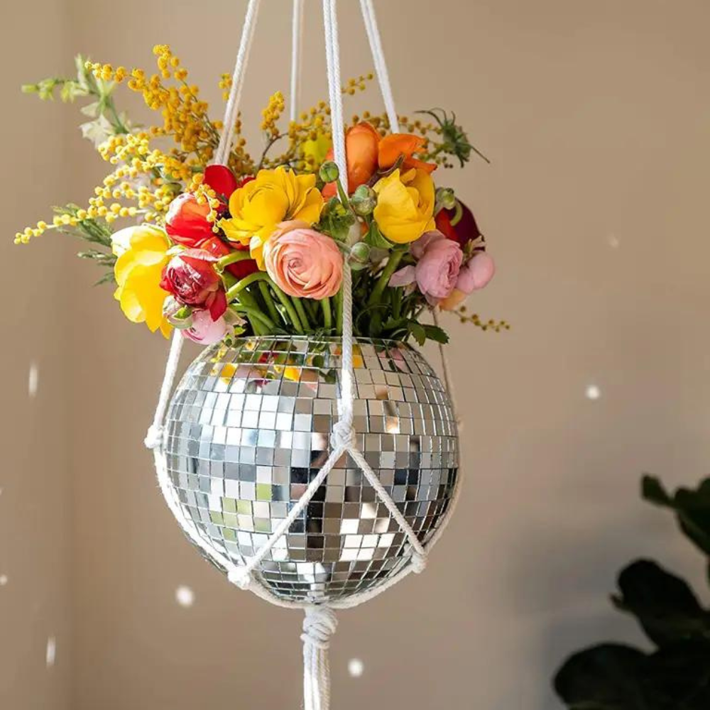 Hanging Planter Disco Ball Mirror with Cotton Rope 2