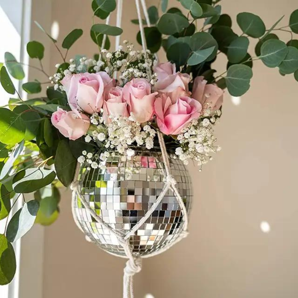 Hanging Planter Disco Ball Mirror with Cotton Rope 3