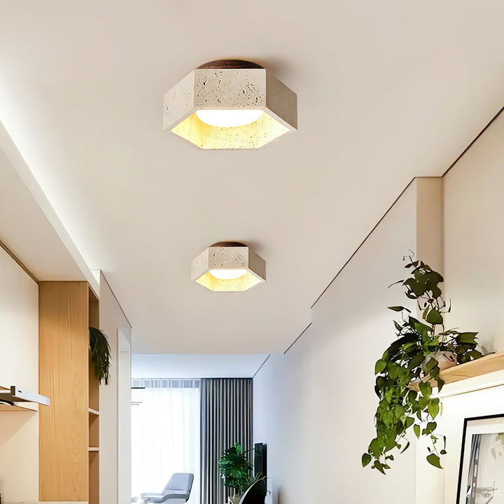 Hexagon Travertine Flush Mount Ceiling Light 6.7 in Set of 2 6