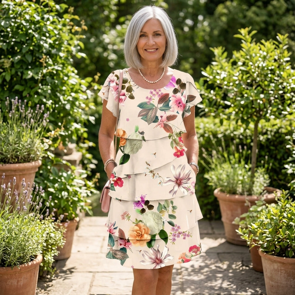 MAUREEN | FORGIVING DRAPE FLORAL LAYERED DRESS