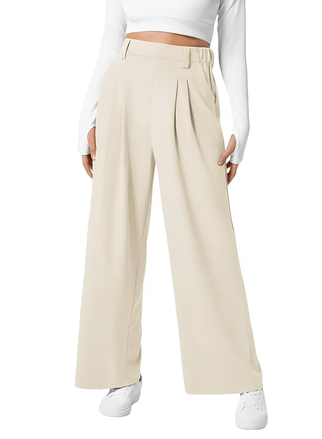 High Waist Pleated Wide Leg Pants Beige 1