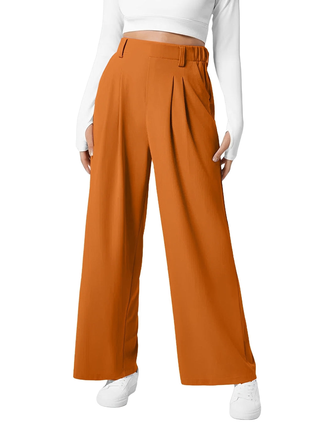 High Waist Pleated Wide Leg Pants Orange 1