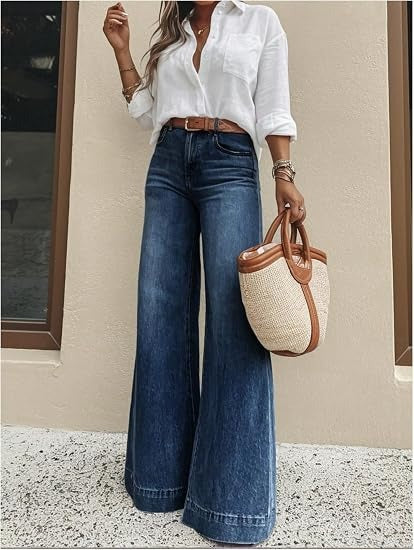High Waist Stretch Baggy Jeans Wide Leg Dark Blue 1