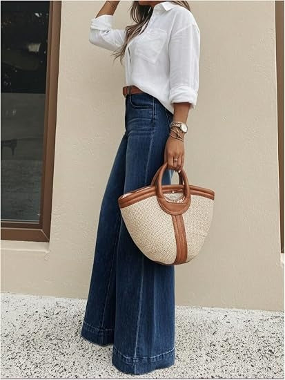 High Waist Stretch Baggy Jeans Wide Leg Dark Blue 2