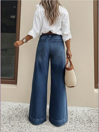 High Waist Stretch Baggy Jeans Wide Leg Dark Blue 4