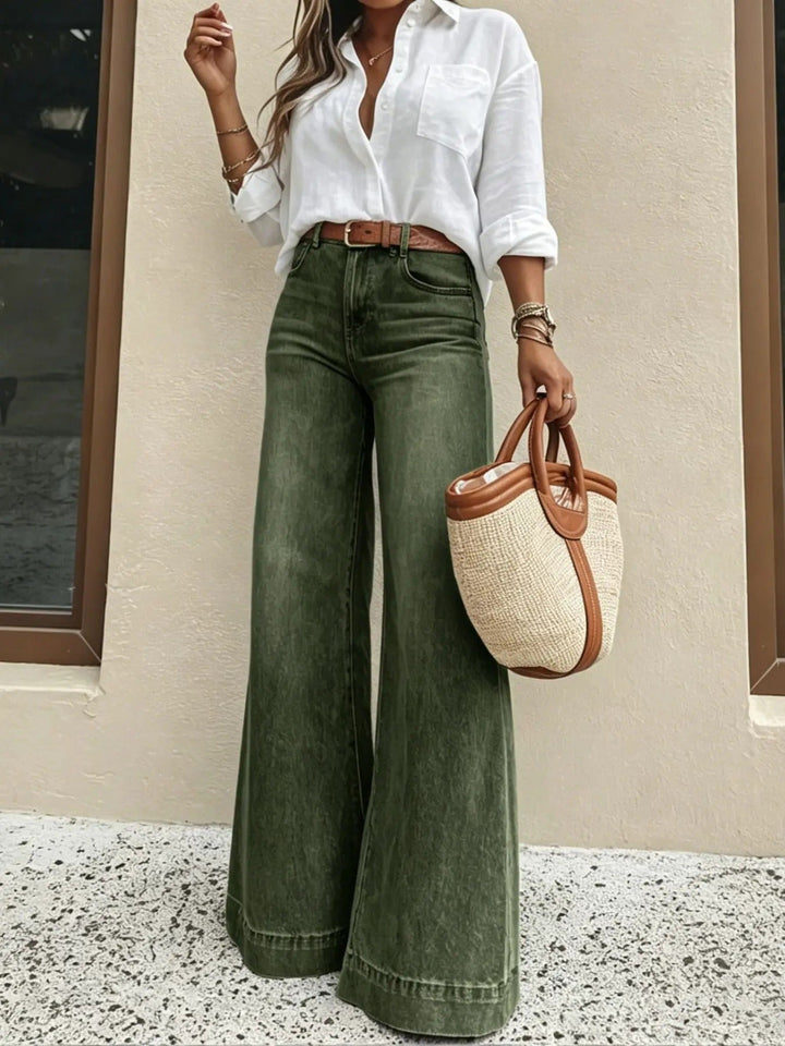 High Waist Stretch Baggy Jeans Wide Leg Green 1