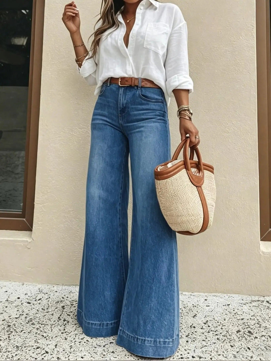 High Waist Stretch Baggy Jeans Wide Leg Medium Blue 1