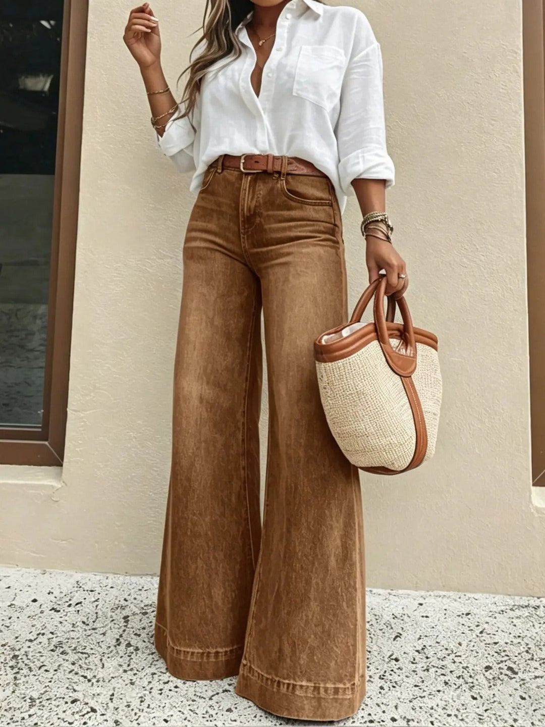 High Waist Stretch Baggy Jeans Wide Leg Tan 1