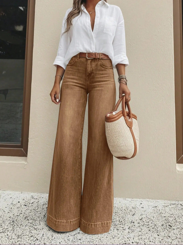 High Waist Stretch Baggy Jeans Wide Leg Tan 2