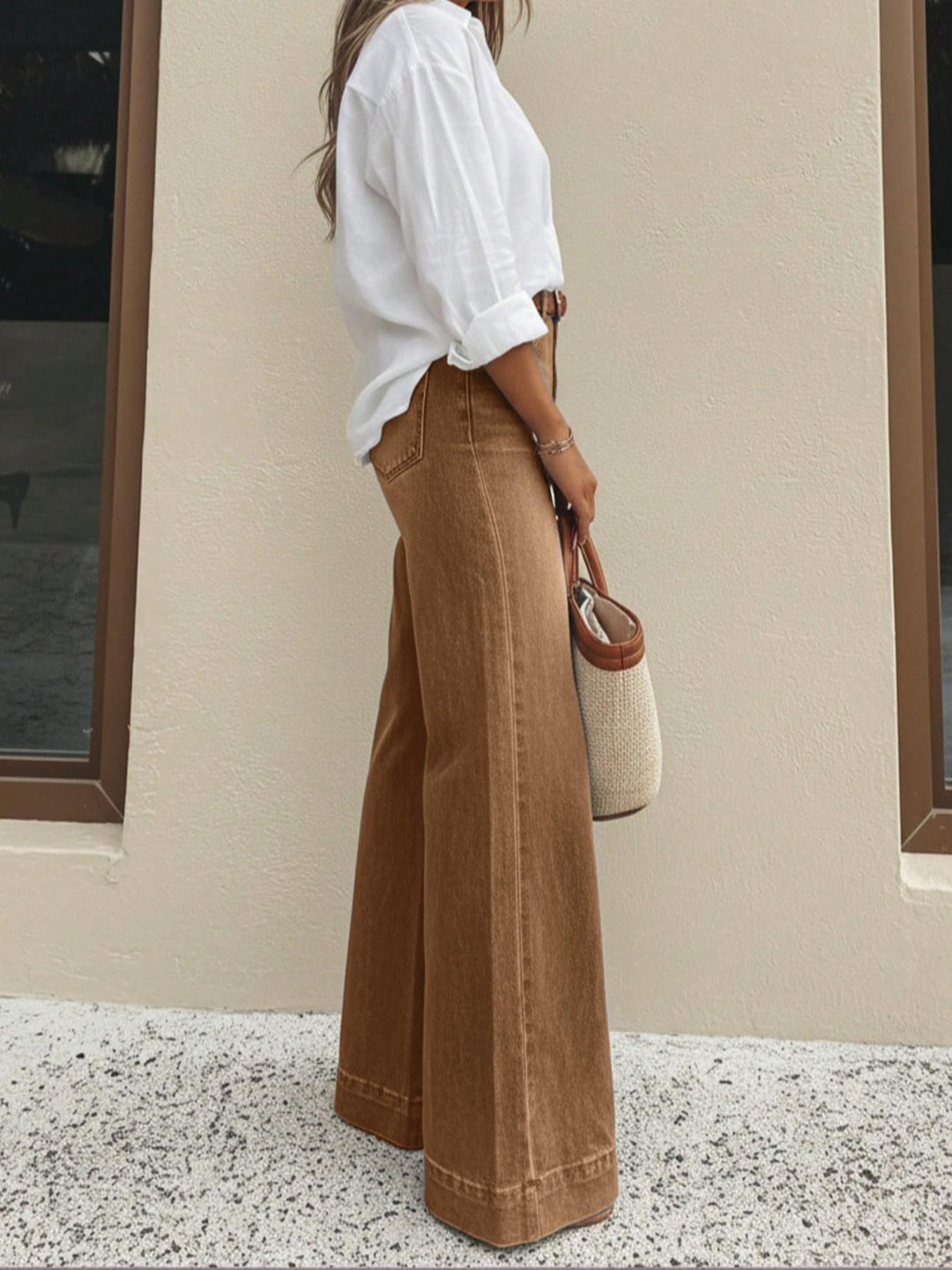 High Waist Stretch Baggy Jeans Wide Leg Tan 4