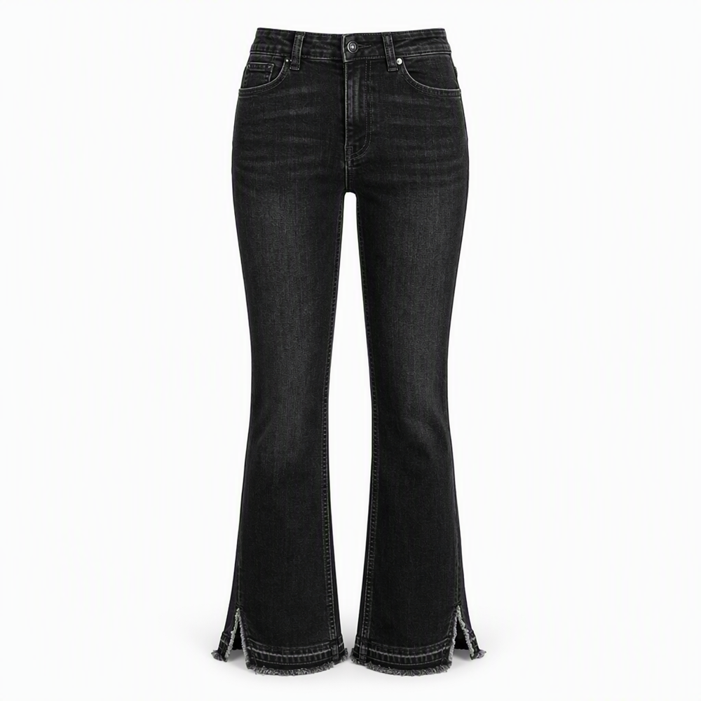 High Waist Stretch Flare Jeans Frayed Hem Black 1