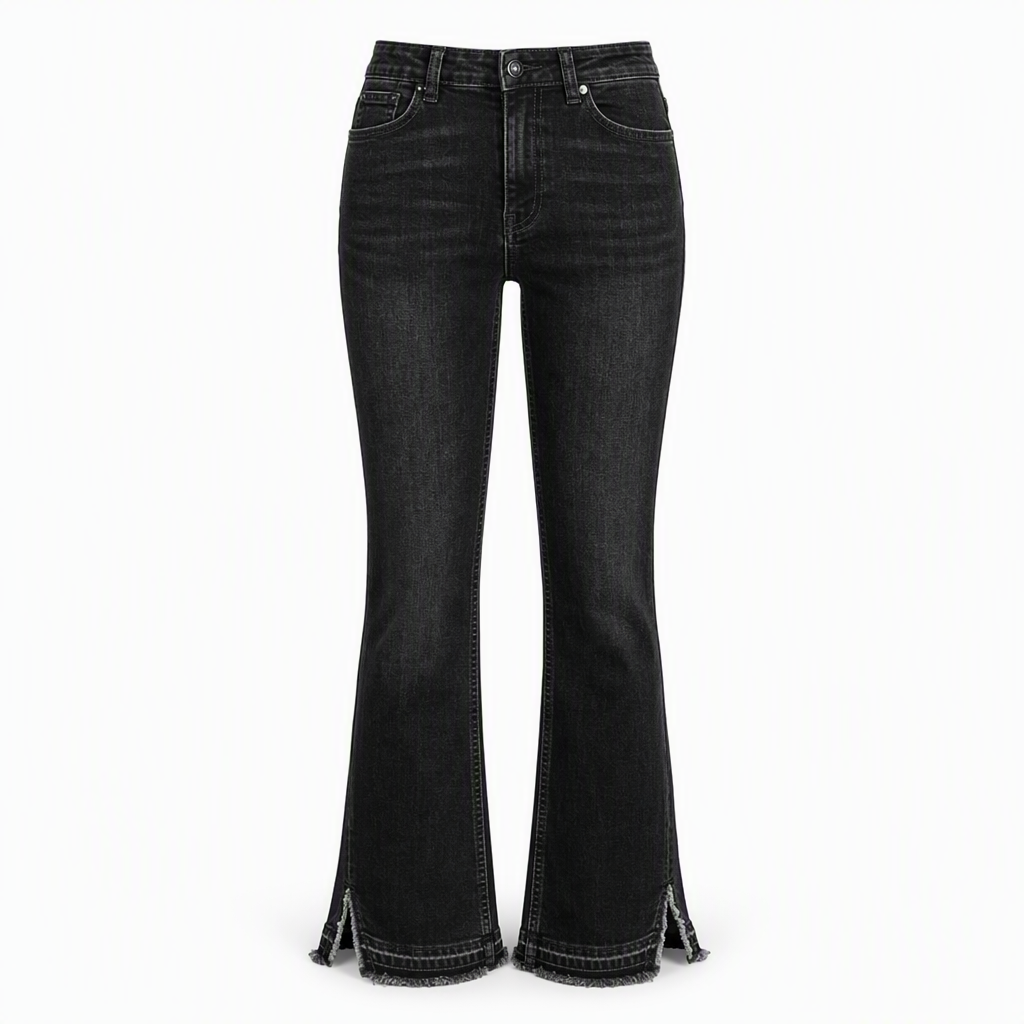 High Waist Stretch Flare Jeans Frayed Hem Black 1