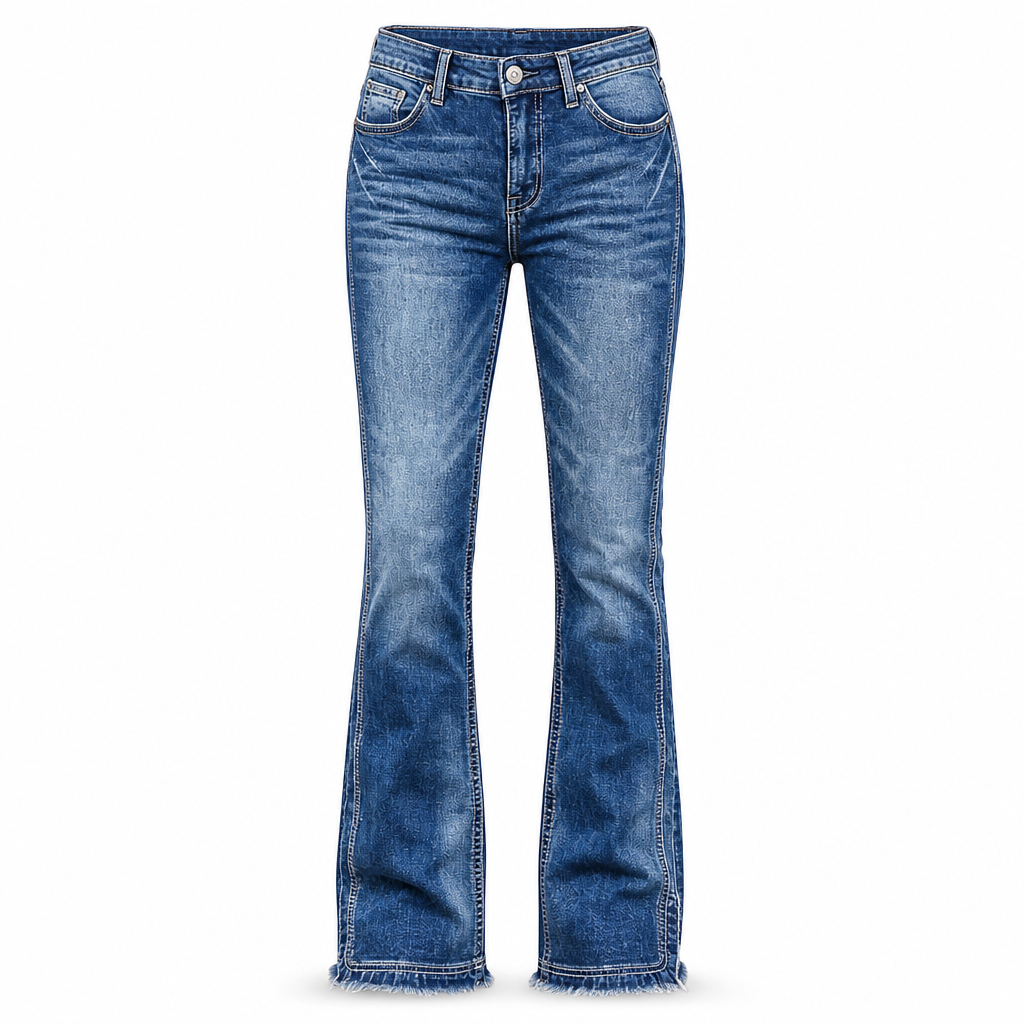 High Waist Stretch Flare Jeans Frayed Hem Blue 1