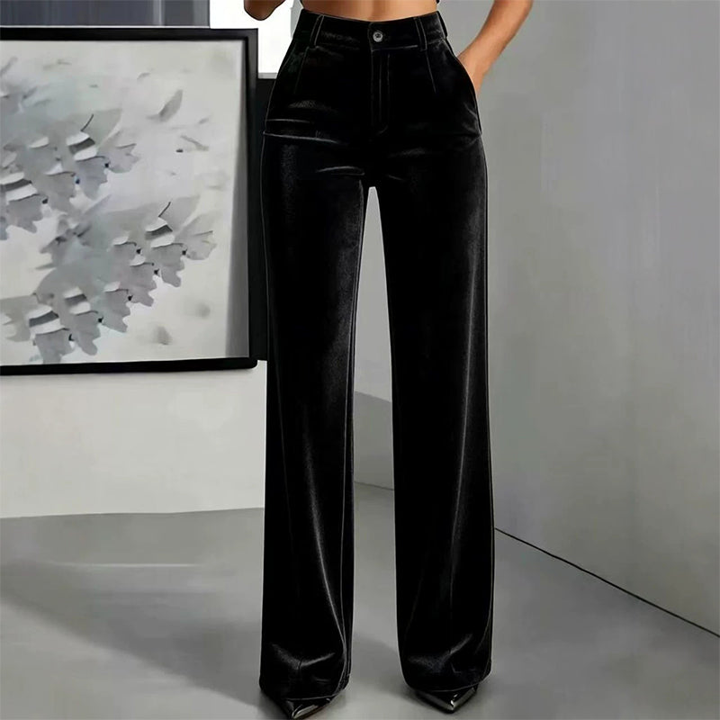 High Waist Velvet Wide Leg Pants Black 1
