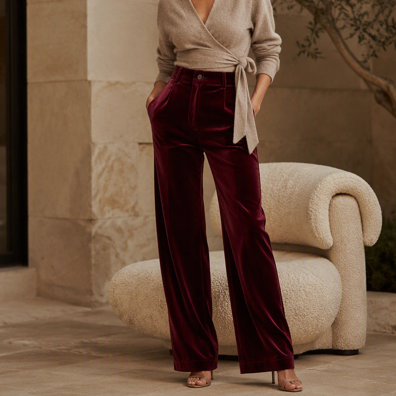High Waist Velvet Wide Leg Pants Burgundy 2