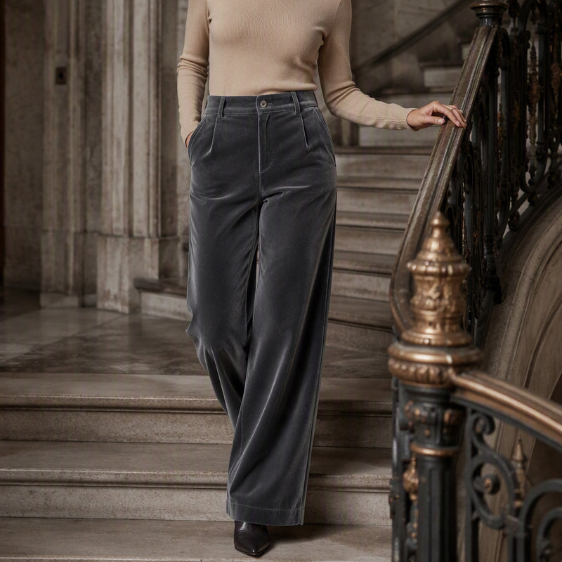 High Waist Velvet Wide Leg Pants Dark Gray 3