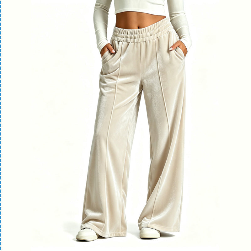 High Waist Velvet Wide Leg Pants Elastic Waist Beige 1