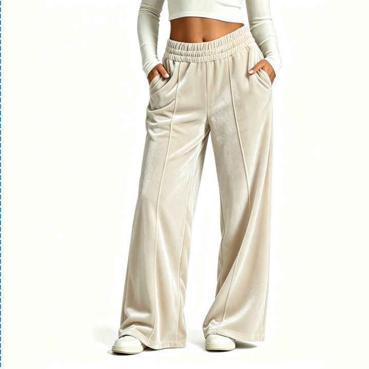 High Waist Velvet Wide Leg Pants Elastic Waist Beige 1